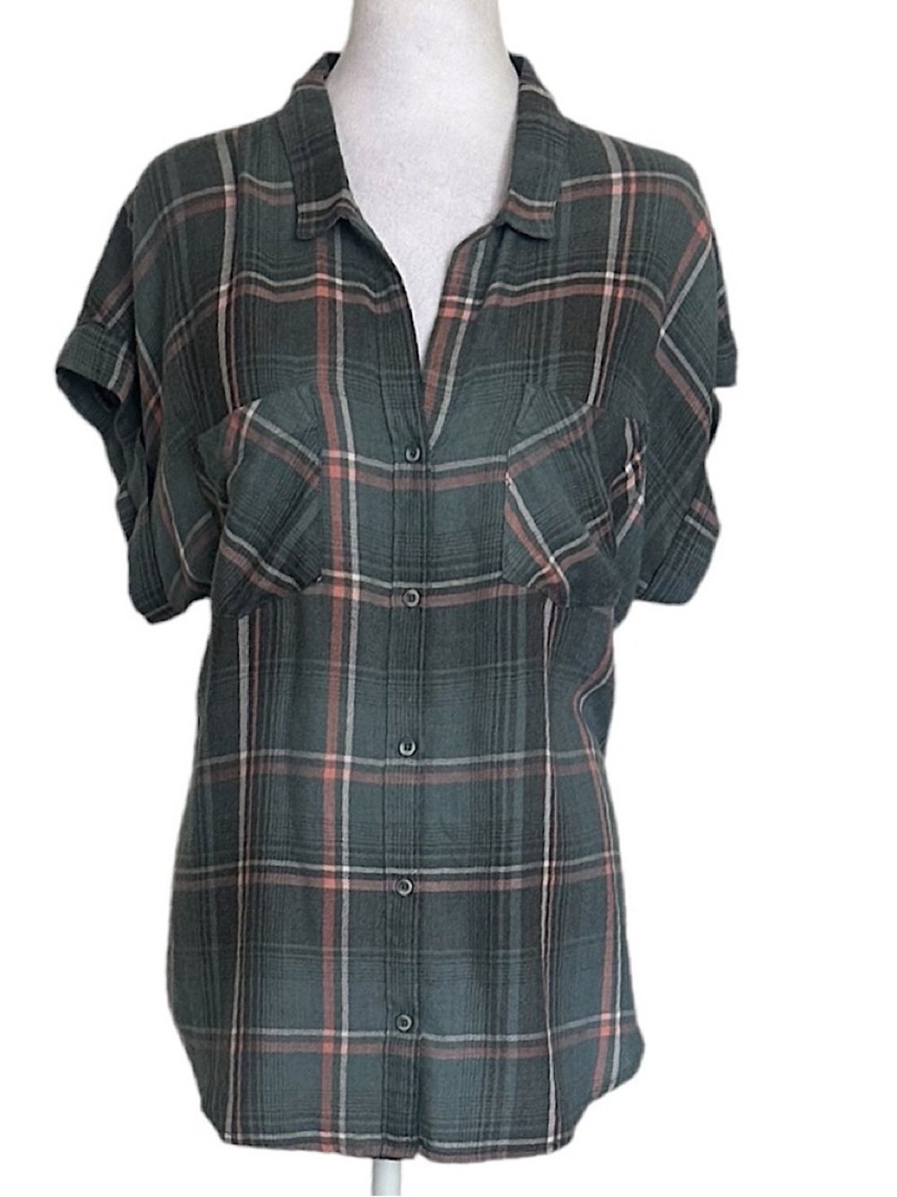 Cloth & Stone Women’s Green Plaid Short Sleeve Flannel Shirt Top Size Large